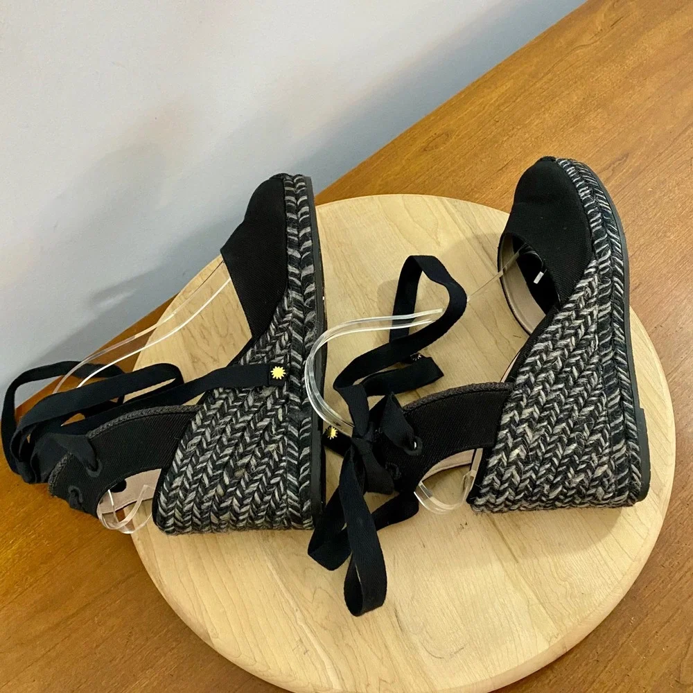 Stuart Weitzman Marguerita Espadrille Wedge Sandals Black Ankle Tie Wrap Sz 8.5C